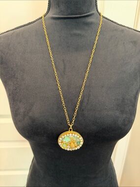 Gold-Tone Pendant Necklace with Green Enamel Floral Accent